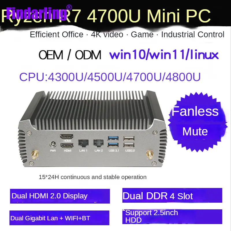 AMD Ryzen™ R7 4700U Dual Ethernet Industrial Control Game 4K Fanless Windows 11 Mini PC Host Support HDD Gaming Computer