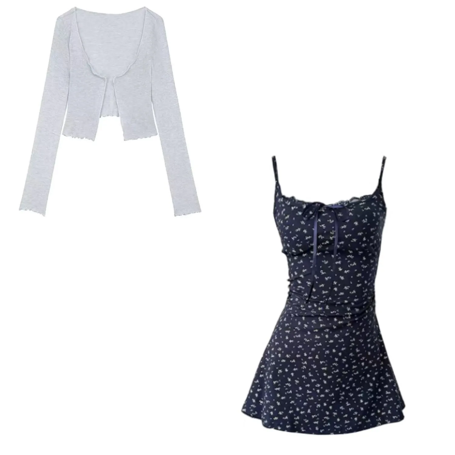 Women's Bodycon Navy Floral Camisole Dress And Plain Knit Cardigan Set Petite Slim Fit Fall Outfit Chic Vacation Cover-Up Spring