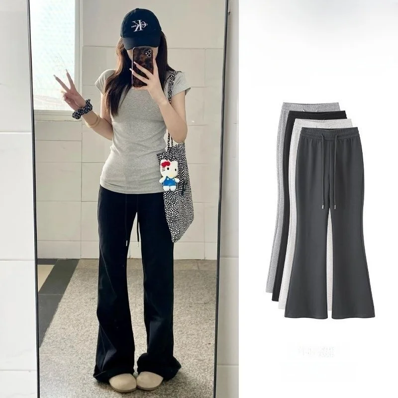 ハイウエストワイドレッグパンツ女性の夏薄いカジュアルドレープスポーティなスウェットパンツ長綿のズボン女性のための