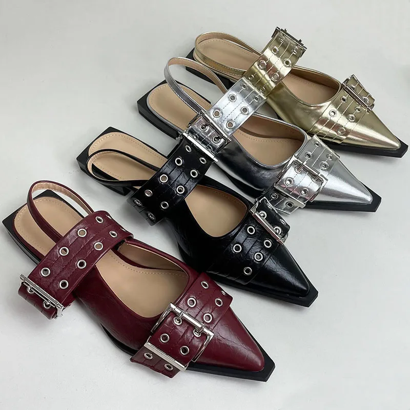 Designer Fashion Big Size 43 Footwear Women Flats Shoes Luxury Female Buckle Slingback Pointed Toe Ladies  Flat With Shoes