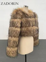 Cropped Faux Fur Coat 10 ZADORIN High Quality Cropped Faux Raccoon Fur Coat Woman Winter Fashion O Neck Long Sleeve Fluffy Short Faux Fur Jacket Crop Top 4