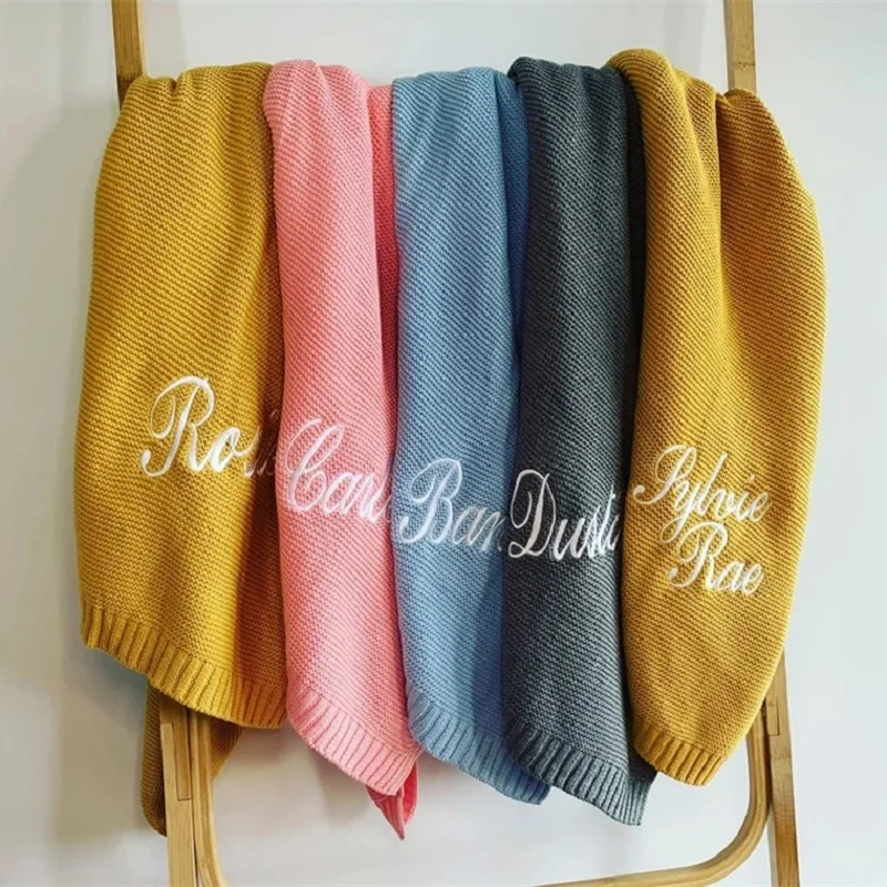 Personalized Name Knitted Baby Blanket, Embroidered Cotton Nap Blanket, Soft Breathable Stroller Swaddles, Newborn Baby Gift