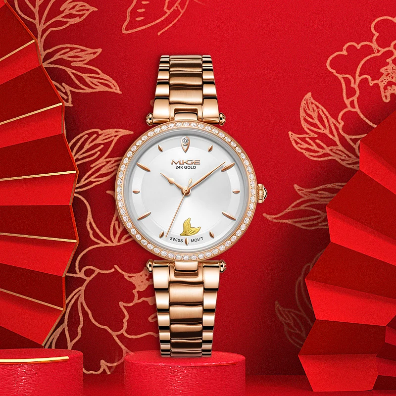 Mige العلامة التجارية رائجة البيع حافظة فولاذية أوتوماتيكية مقاومة للماء سيدة حورية البحر عملة ذهبية ساعات حركة ميكانيكية للأعمال للنساء #5