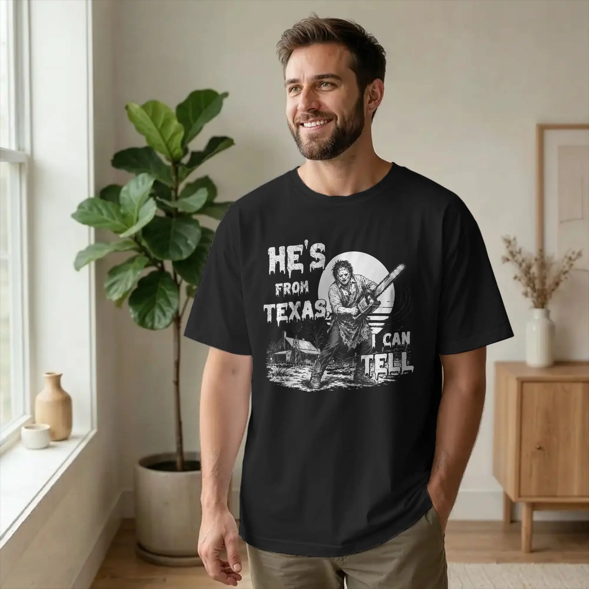 Hes from Texas I Can Tell Chainsaw Men's T Shirts Horror Halloween Novelty Tees Short Sleeve Round Neck T-Shirts Cotton Unique
