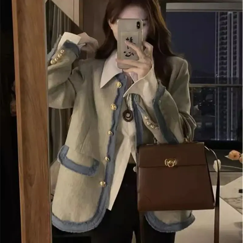 Small Fragrant Wind Contrast Colored Spliced Suit Coat for Women Spring and Autumn 2024 Design Sense Elegant Style Celebrity Top