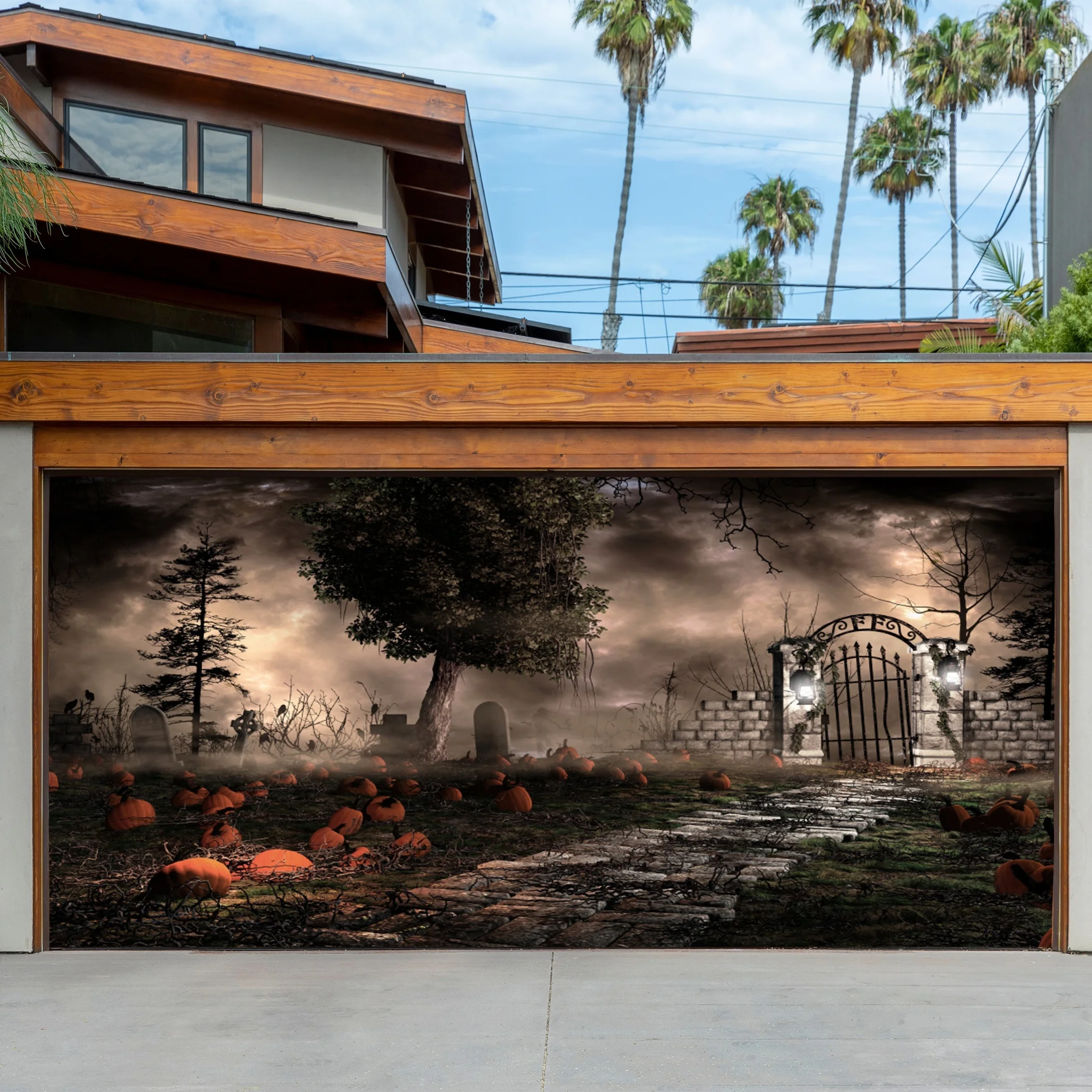 ديكور باب المرآب للهالوين - مقبرة Ghost Night وموضوع اليقطين - بوليستر، ديكور للاحتفال الخارجي #1