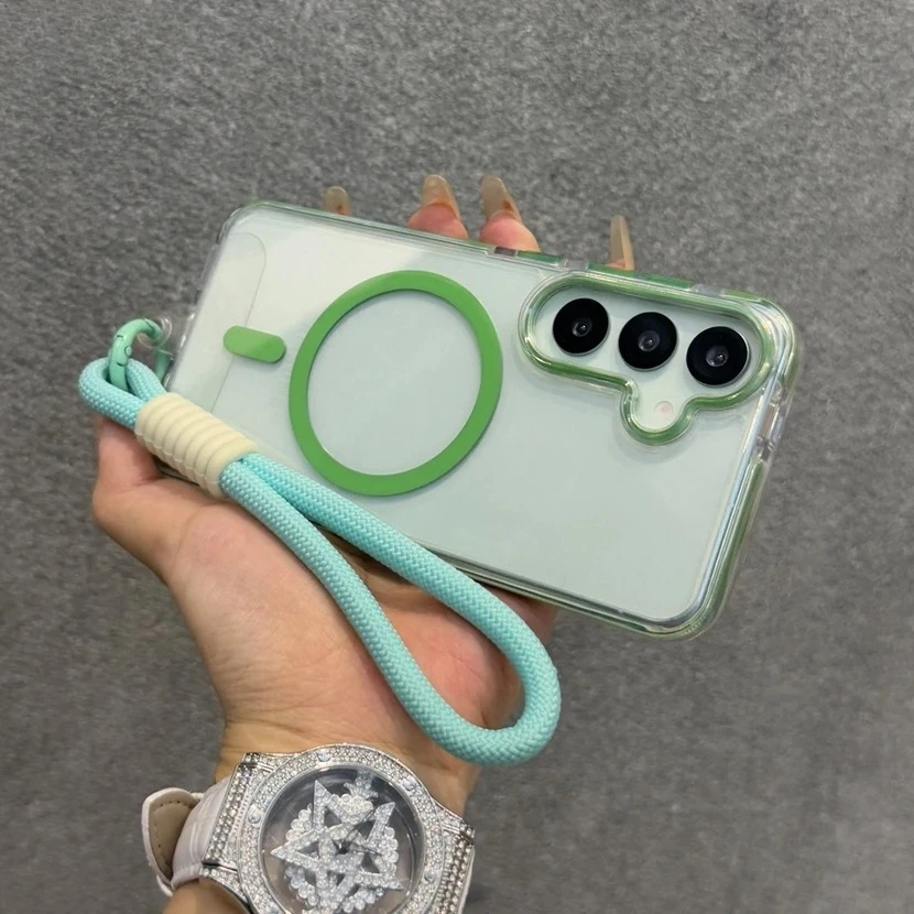 

For Samsung A56 A36 A25 A05 A15 A15 Magsafe Case For Galaxy S24 Ultra S25 Plus Transparent Magnetic Charging Wrist Strap Cover