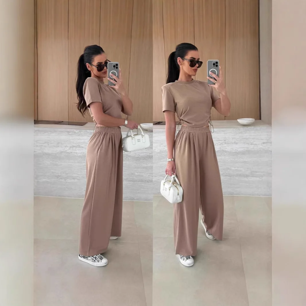 

Summer Women's Solid Color Short Sleeved T-shirt Long Pants Two-piece Casual Set Simple Pleated Top Long Pants Set For Women