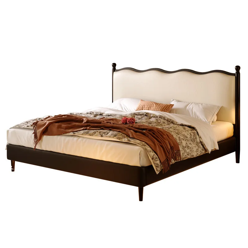 

Master bedroom black 1.8m double bed small apartment wave soft bag leather bed American retro solid wood leather bed