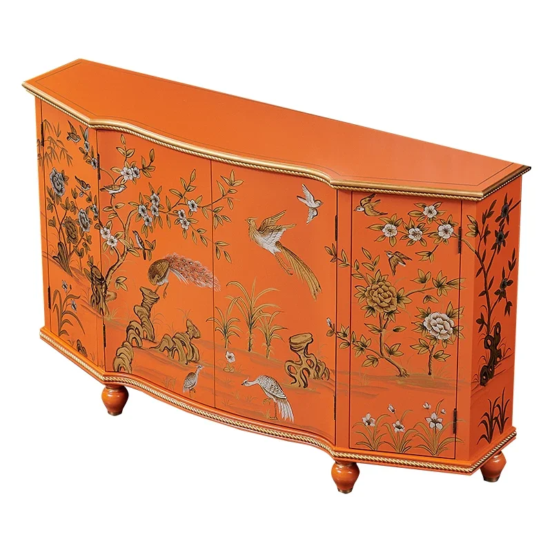

Chinese style painted home living room entrance cabinet New Chinese orange flower and bird dining side cabinet