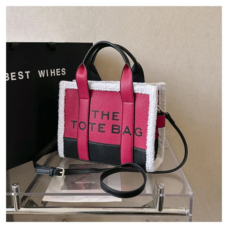 Bolsa tote feminina luxuosa em lote pequeno – bolsa de ombro crossbody grande com retalhos de pele de cordeiro e design em bloco de cores