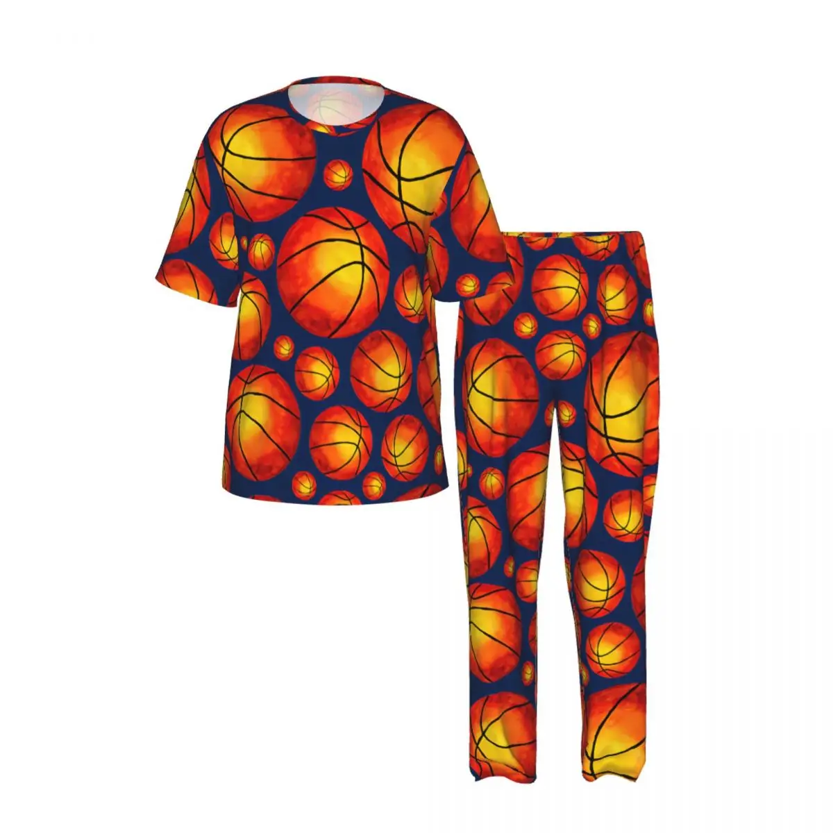 Men's Pajamas Set Summer Short-Sleeve Tops + Long Pants Nightwear Home Wear Suits Watercolor Basketball Ball Sleepwear