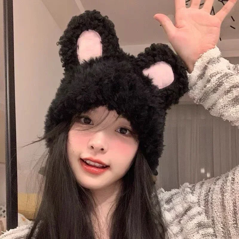 Y2k Rabbit Ears Plush Hats Cute Girls Winter Beanie Pullover Cap Women Lolita Thickened Warm Funny Party Photography Fleece Hats