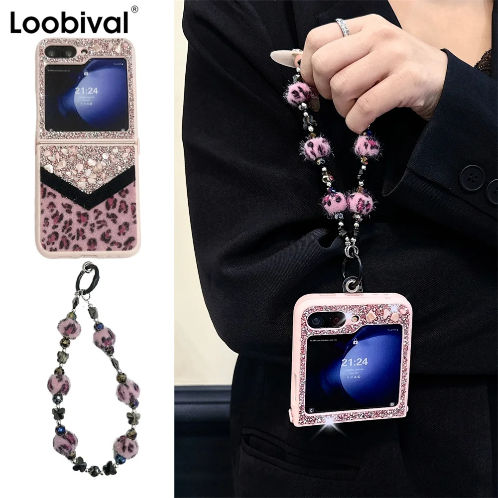 Leopard Print Color Collision Glitter Gemstone Case for Samsung Galaxy Z Flip6 Zflip5 ZFlip 3 4 5 6 ins Wristband Bracelet Cover