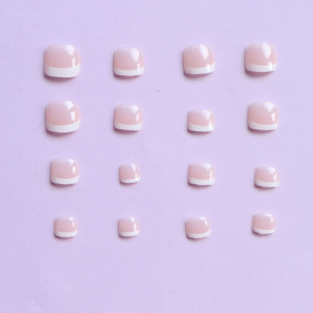 24PCS Short Square Pink Toe Nails Fake Toe Nails Press On Toe Nails French Fake Toe Nails With White Edge Nails