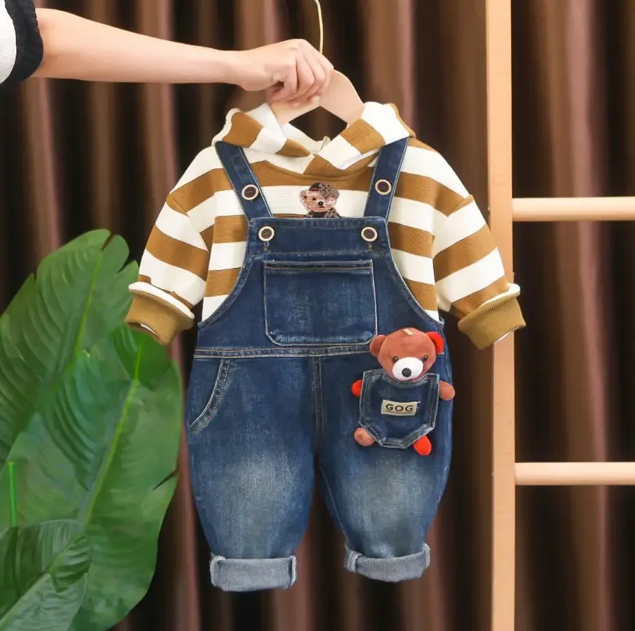 Korean Style Infant Baby Outfits Spring Autumn Striped Hooded Long Sleeves T-shirts+Cartoon Overalls Toddler Boys Sets Clothes