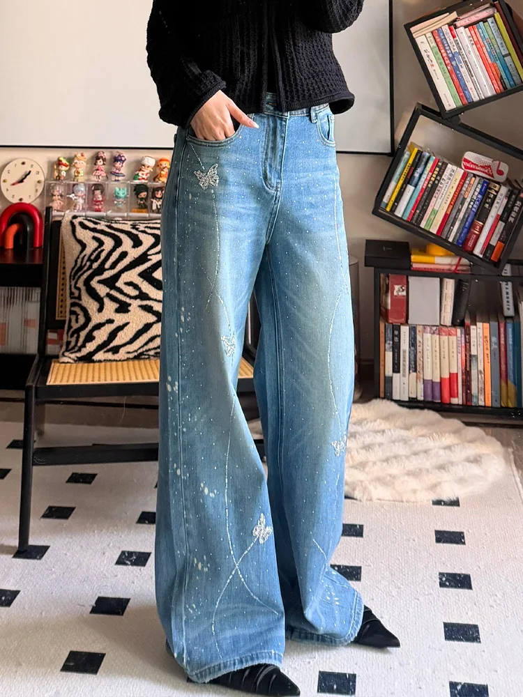 American Style Sexy  Rhinestone Denim Jeans Women's High Waist Slim Fit Floor Length Vintage Design Everyday Wear