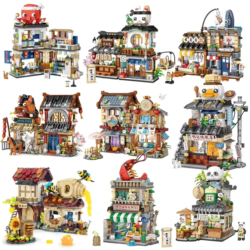 Loz Street View Series Building blocks Izakaya Shaved Ice Shop Takoyaki Shop Coffee shop Panda Tea House model children's gifts
