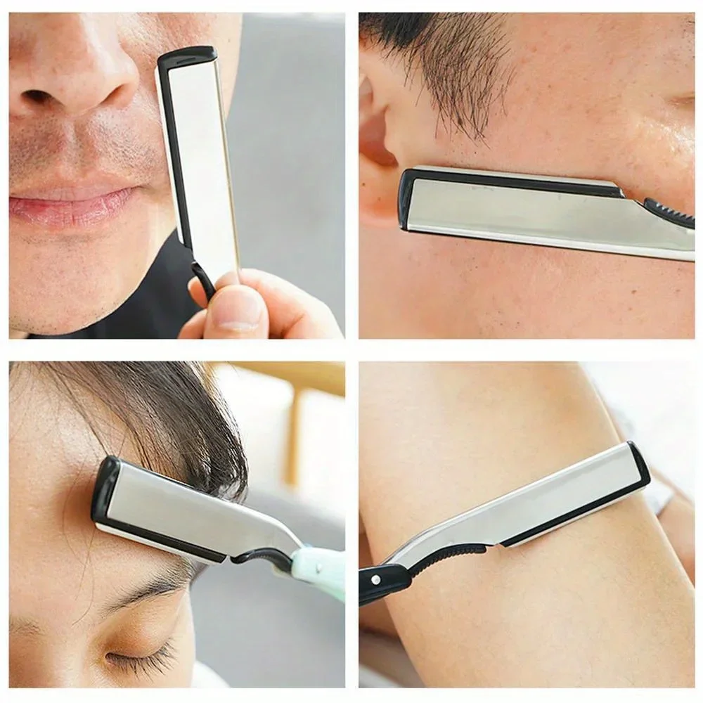 Pisau Cukur Manual Profesional Tepi Lurus Baja Tahan Karat Tajam Pisau Cukur Lipat Pemotong Jenggot Dengan Mata Pisau