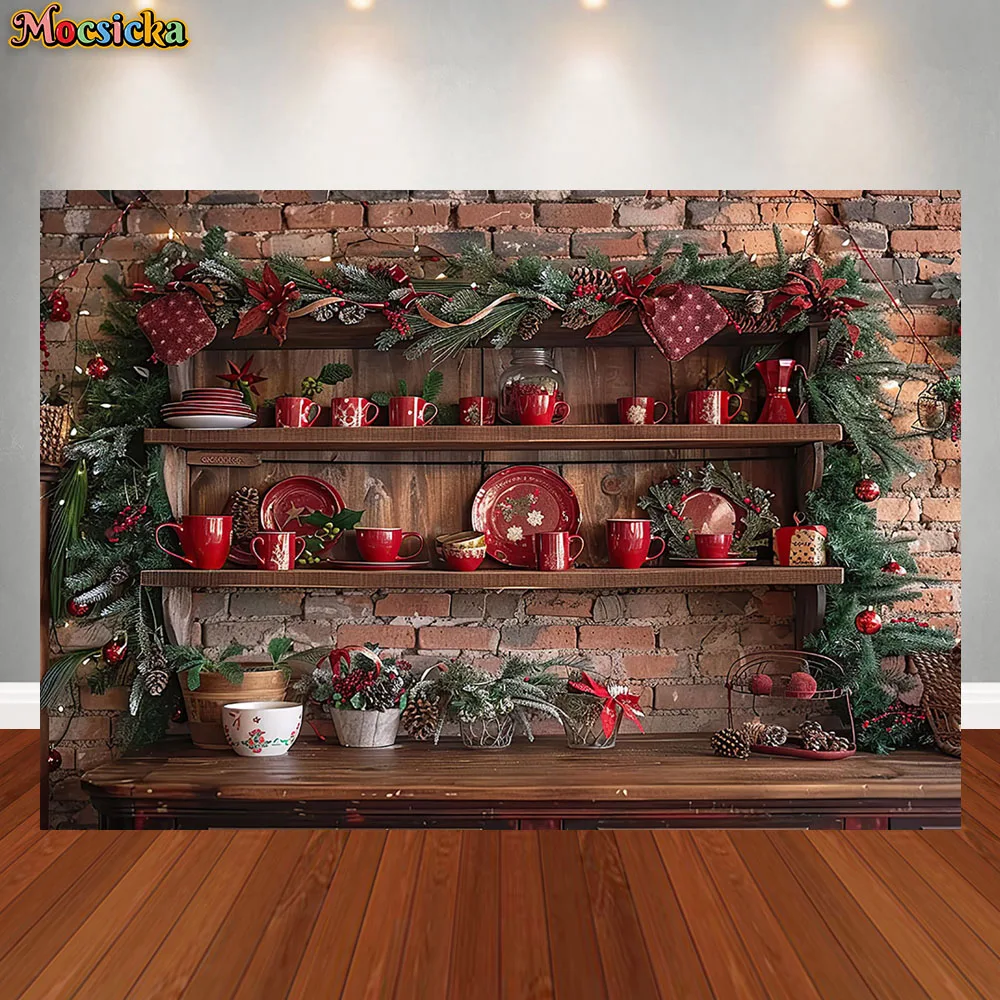 Christmas Kitchen Photography Background Wreath Cupboard Holiday Decorations Supplies Children Photo Portrait Backdrops Stuidio