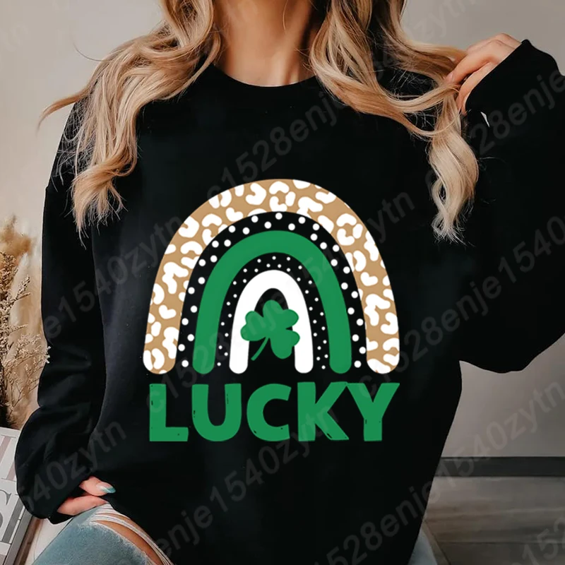 St Patrick's Day Rainbow Clover Lucky Sweatshirt Women Autumn And Winter Casual Sports Tops Ladies Crew Neck Hoodeless Pullovers