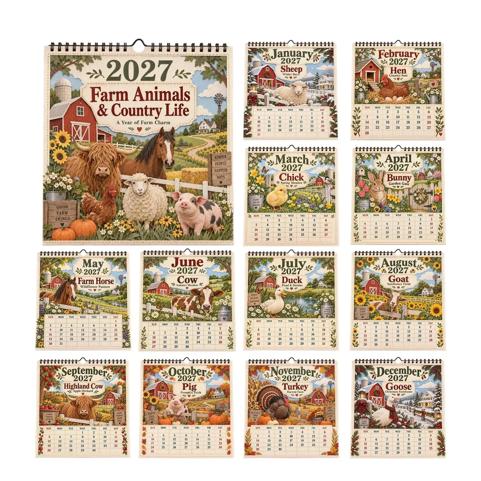 2027 Farm Animals & Country Life Wall Calendar 12 Month Country Life Animal Theme Paper Planner Home Office Decoration