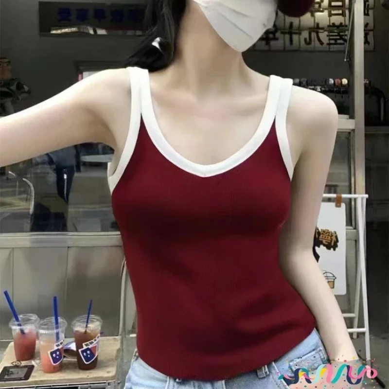 Neue Süße V-ausschnitt Schlank Grundlegende Tank Kontrast Farbe Gestrickte Leibchen Vielseitig Casual Sommer frauen Tank Tops Sport Yoga Camis