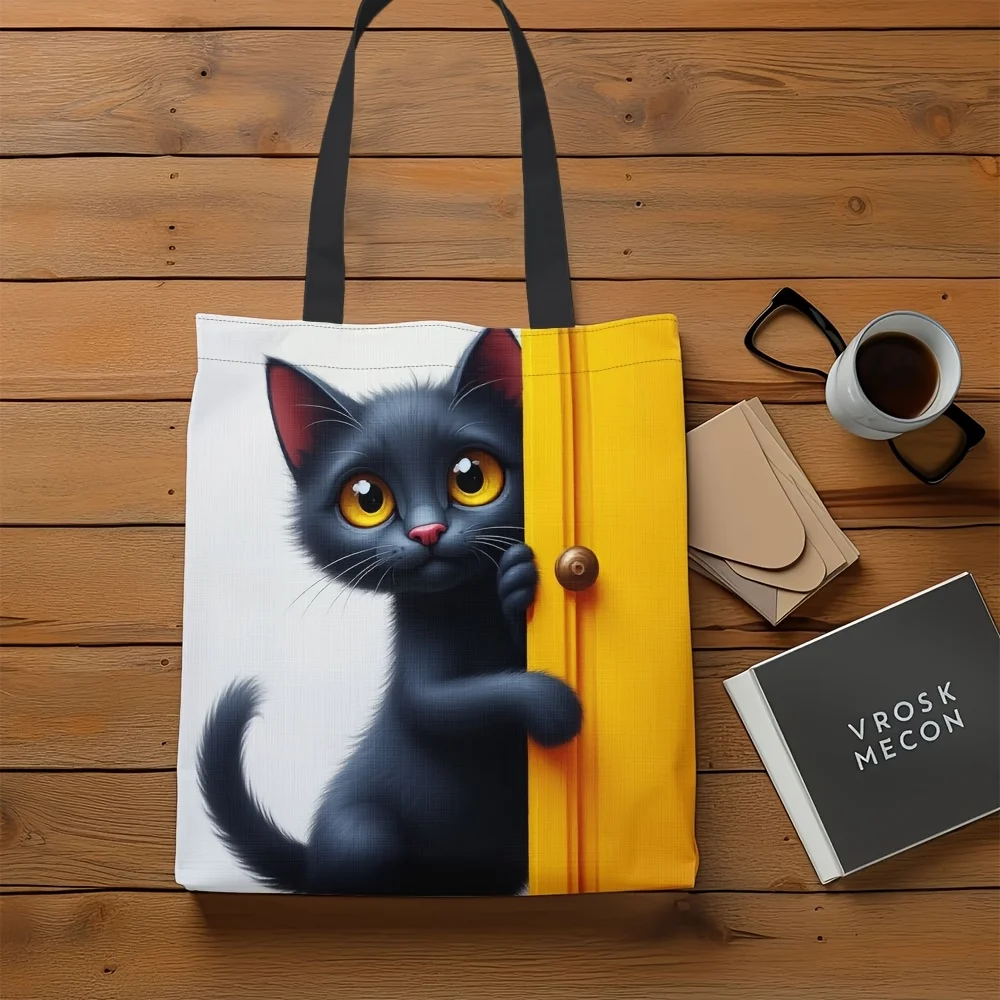 Stylish Black Cat Print Tote Bag Lightweight & Foldable Shoulder Shopping Bag for School Travel Portable Storage Handbag