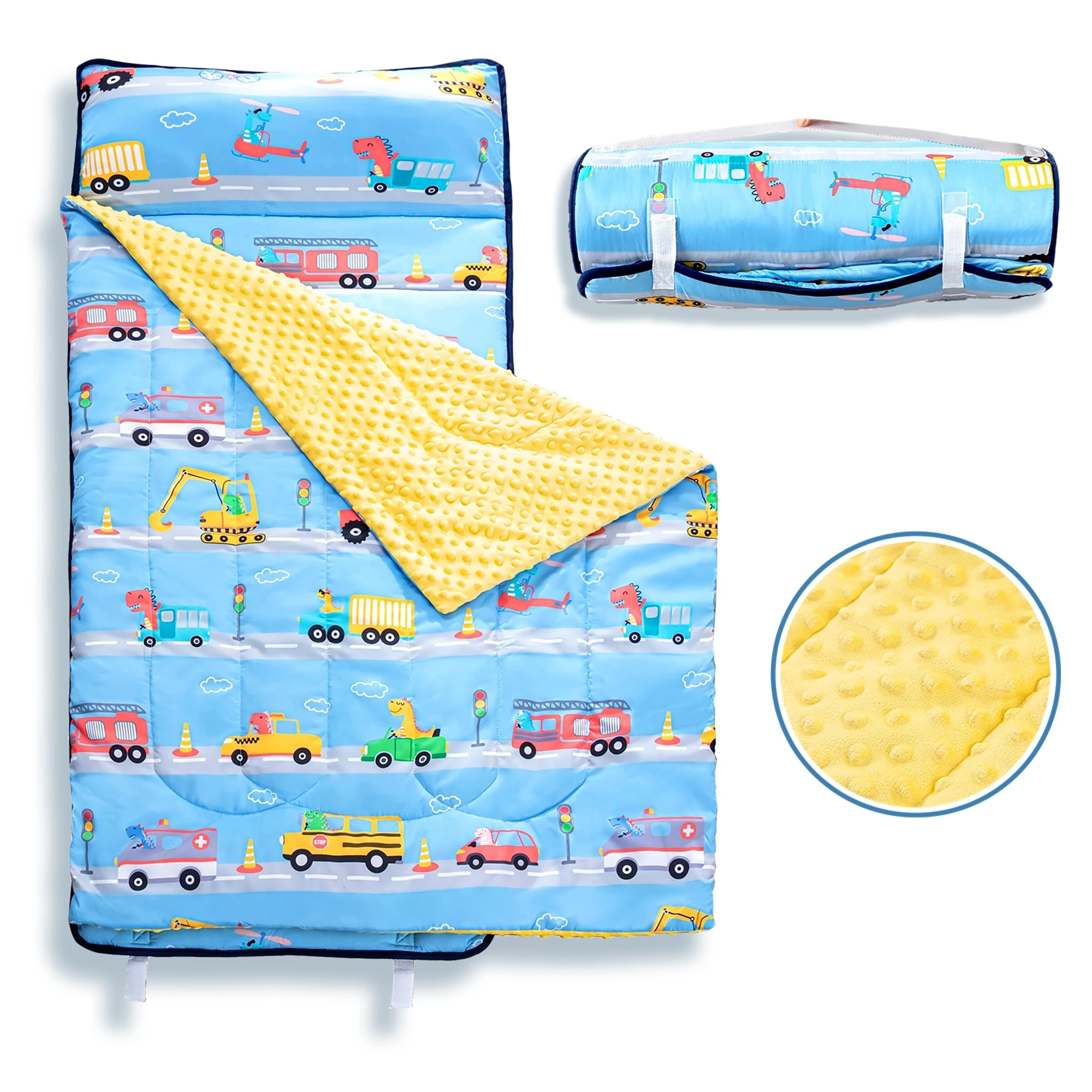 Toddler Nap Mat Dreamy Dinosaur Design with Removable Pillow and Soft Blanket, Sleeping Bag for Girls' Daycare Preschool Travel