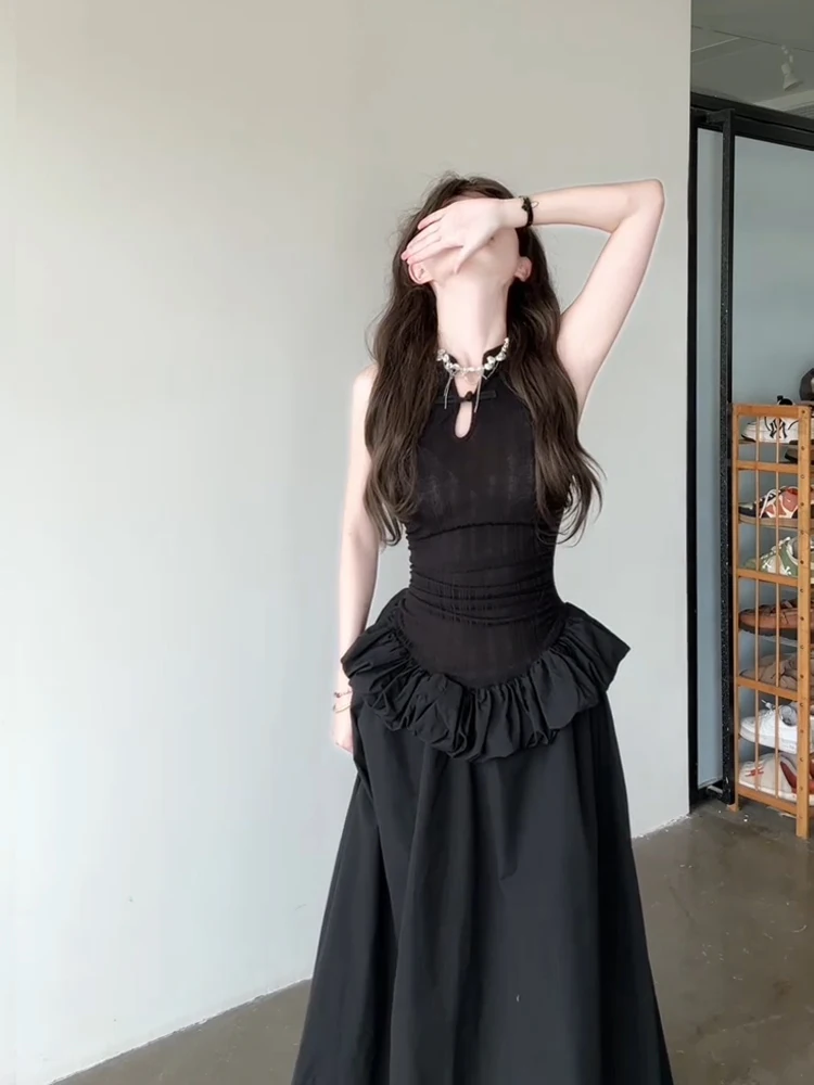 

Black New Chinese Style Pleated Skirt Dress Women's Summer plus Size Long Dress Button Design A-Line Silhouette High Waist