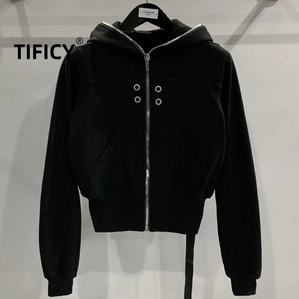 

High Street Dark RO Hooded Sweatshirts Women's Cockpit Decoration Perforated Short Long Sleeved Autumn Black Hoodie Sweatshirt