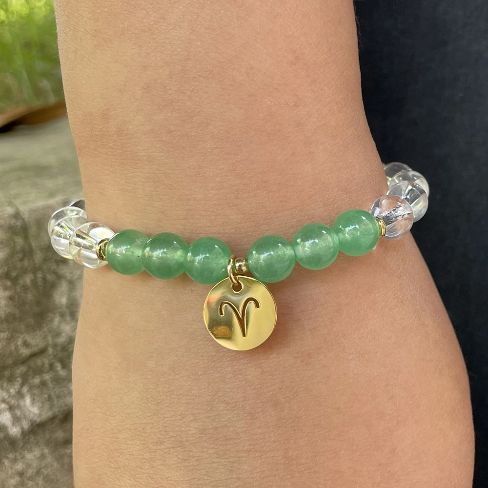 MG1527 8 MM Green Aventurine Aries Zodiac Bracelet Women`s Clear Quartz Gemstone Bracelet Birthday Stone Wrist Mala Bracelet