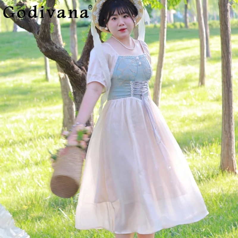 

Large Size French Court Style Summer High Waist Lace-up Dress Retro Sweet Square Neck A-line Short Sleeve Princess Long Dresses