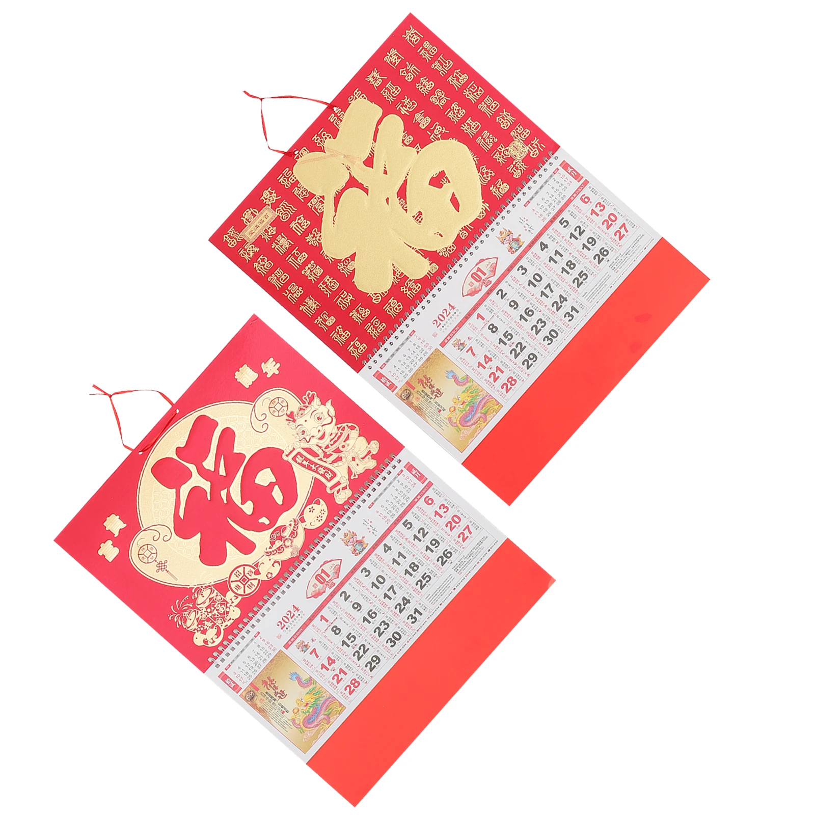 

2 Pcs Gold Foil Dragon Calendar 2024 Lunar Monthly Planner Wall Hanging Decoration Thick Material Red Background Blessings Home