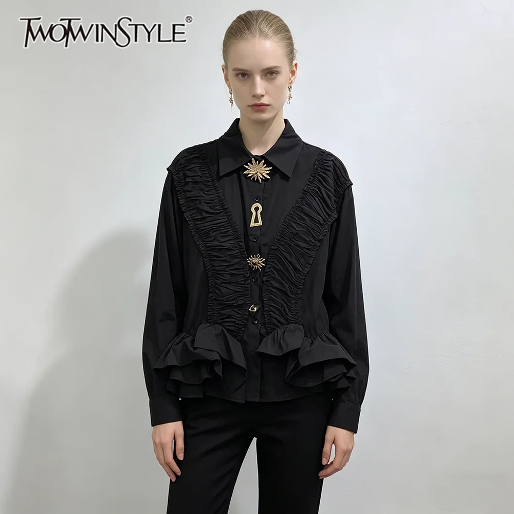 

TWOTWINSTYLE Solid Loose Spliced Folds Chic Shirts for Women Lapel Long Sleeve Literary Elegant Shirt Female Spring Fashion New