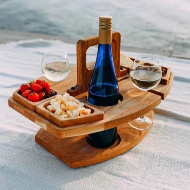 Portable wine plate Portable going out hanging wine glasses Fruit  Wooden picnic table Fruit  Integrated wine