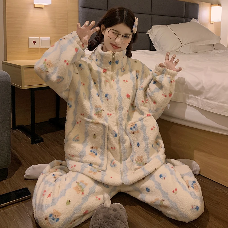 

Pajama Sets Woman Winter Women Long-Sleeved Striped Cotton Buttoned Sleepwear Lounge Pants Night Set Homewear Soft Comfortable