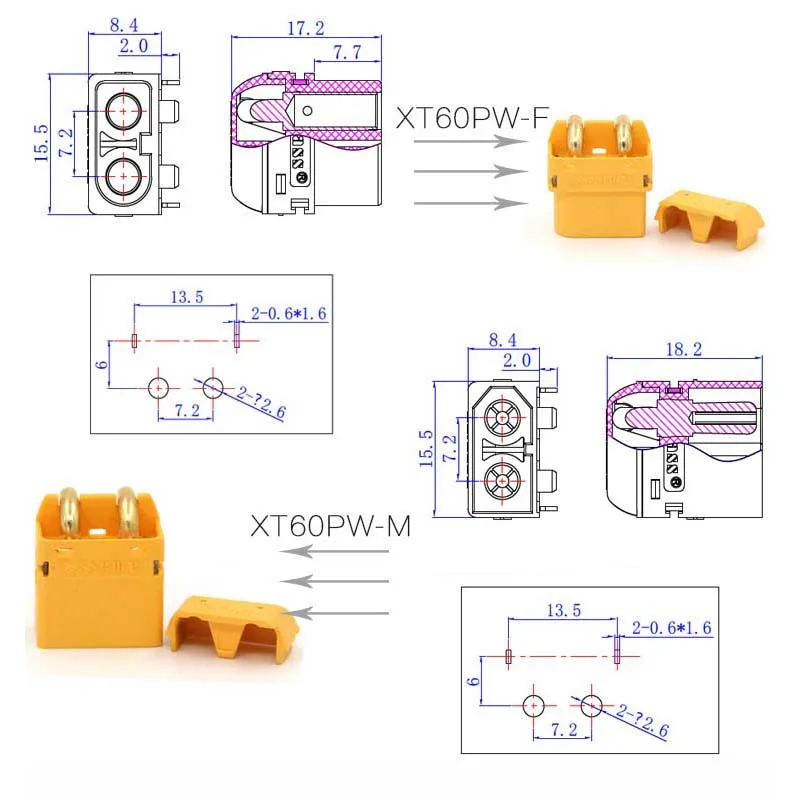 5PCS Amass XT60PW-F/M connector, lithium battery charging port, model aircraft electronic adjustment horizontal soldering plate