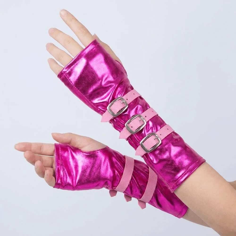 Solid Color Punk Arm Sleeves Lacquer Leather Lightweight Dark Gothic Arm Covers Wristband Metal Buckle Half-arm Sleeve Gloves