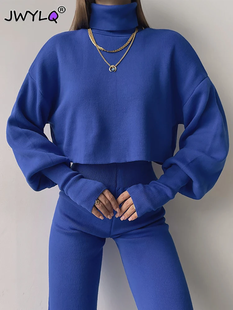 

Autumn Winter Turtleneck Long Sleeve Pullover Sweater+high Waist Straight Pants Two Piece Set Women Streetwear Tracksuit Women