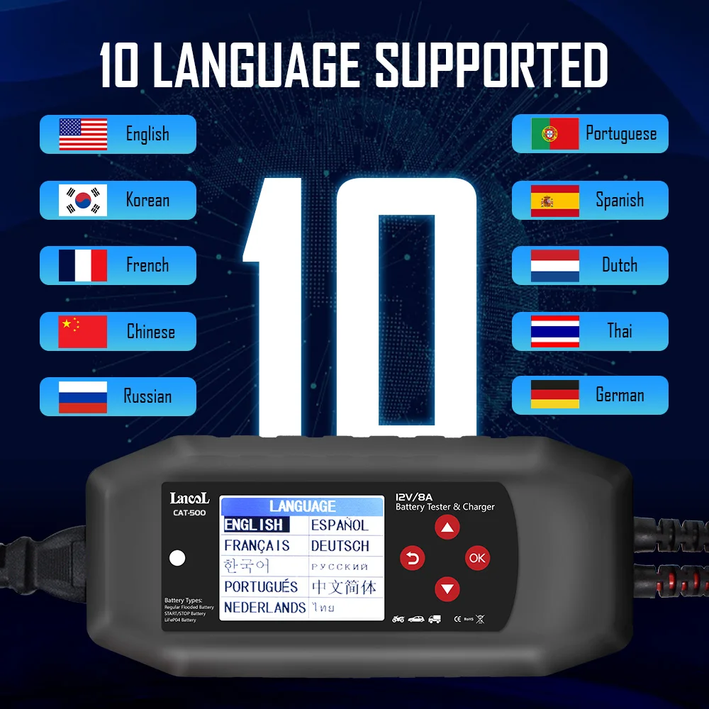 Lancol CAT-500 12V Battery Tester 8A Battery Charger Maintainer Fully Automatic Trickle Charge For Lead Acid Lithium Batteries
