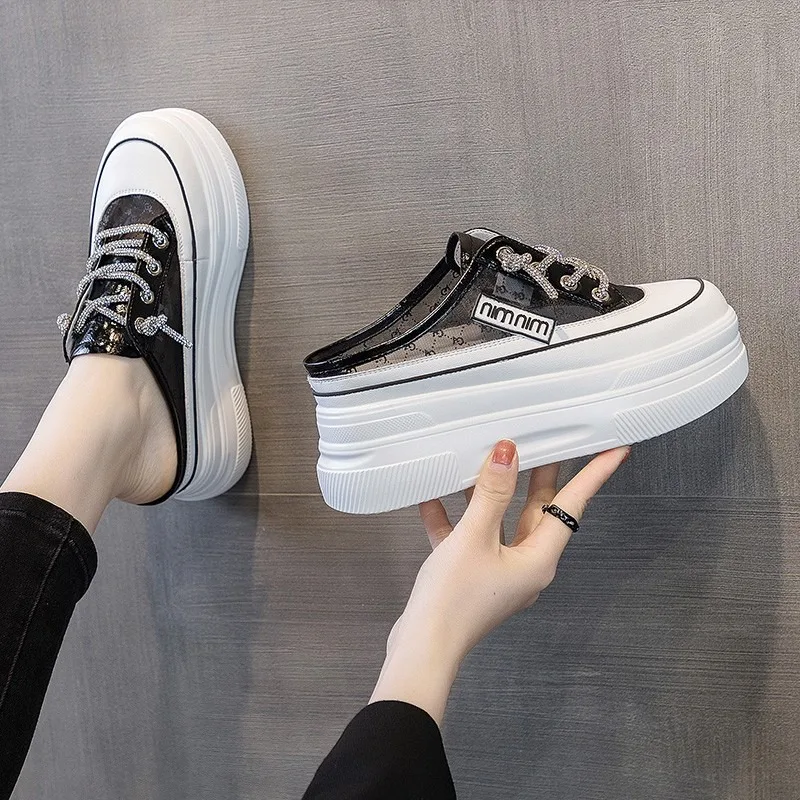 Baotou Half Slippers for Women 2024 Summer A New Style of Slip-on Mesh Breathable No Heel Thick Sole Small White Shoes