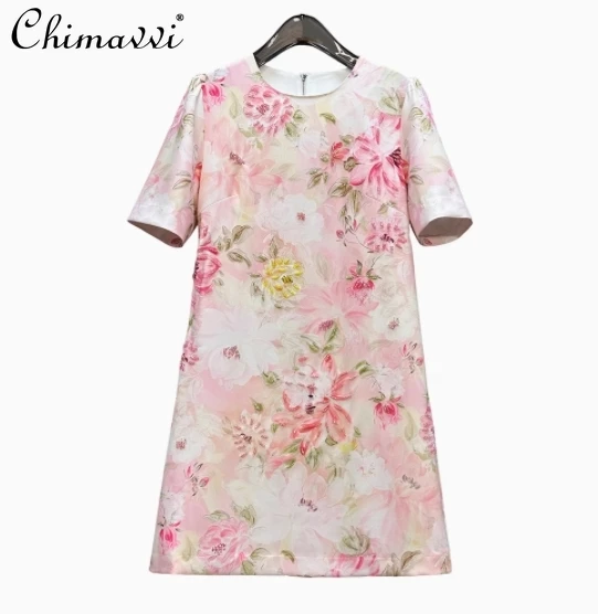 

Summer New Women Sweet Printing Pink Peony Flower Short Party Dress Heavy Bead Round Neck Short Sleeve Luxury Elegant Dresses
