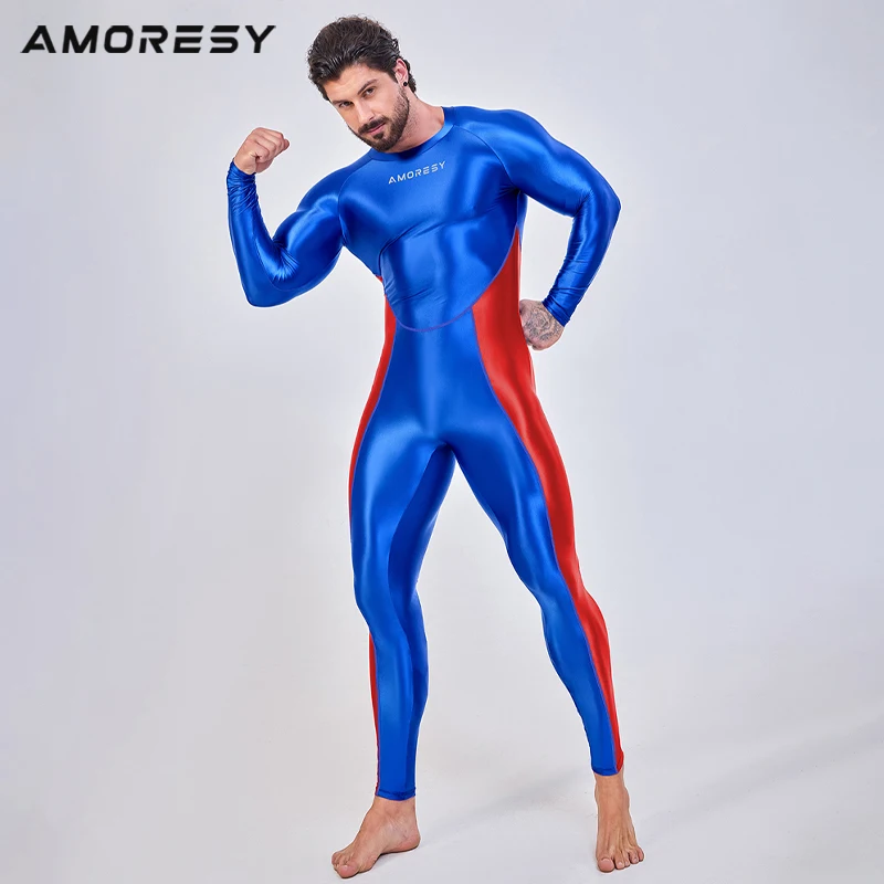 AMORESY Men's Smooth Full-Length Tracksuits One Piece Tights Jumpsuits Spandex Running Rompers Fitness Zentai Bodysuits Catsuits