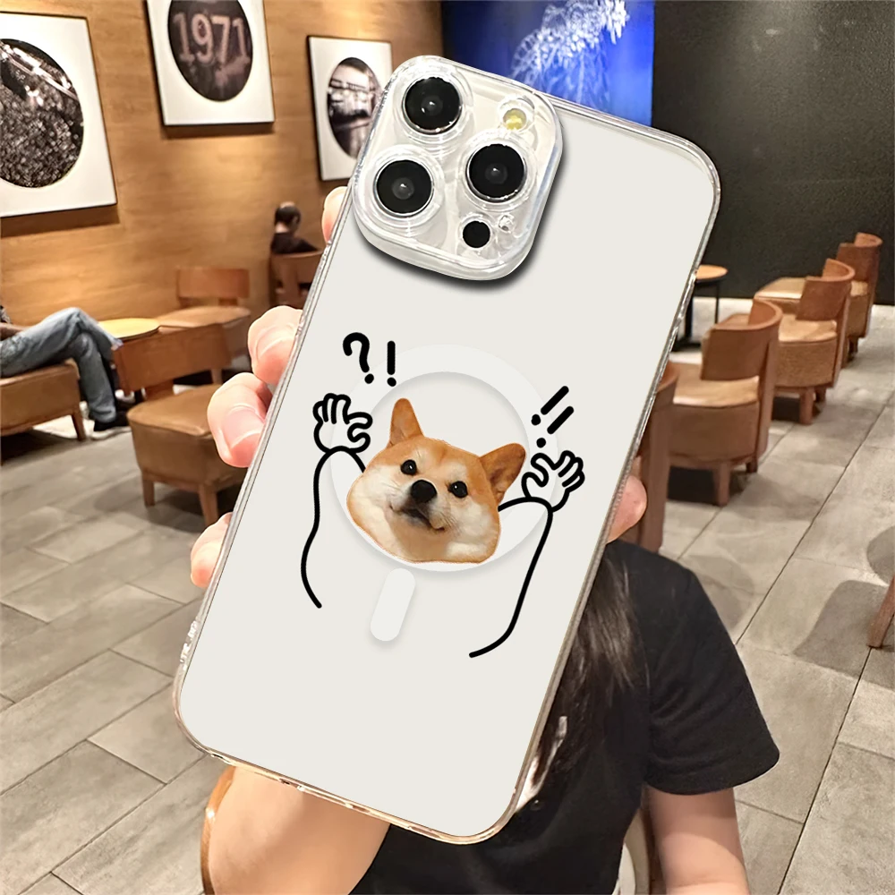 Funda de teléfono con Emojis de gato y perro para iPhone, carcasa suave de carga transparente magnética para iPhone 11, 12, 13, 14, 15, 16 Pro Max Plus, Magesafe