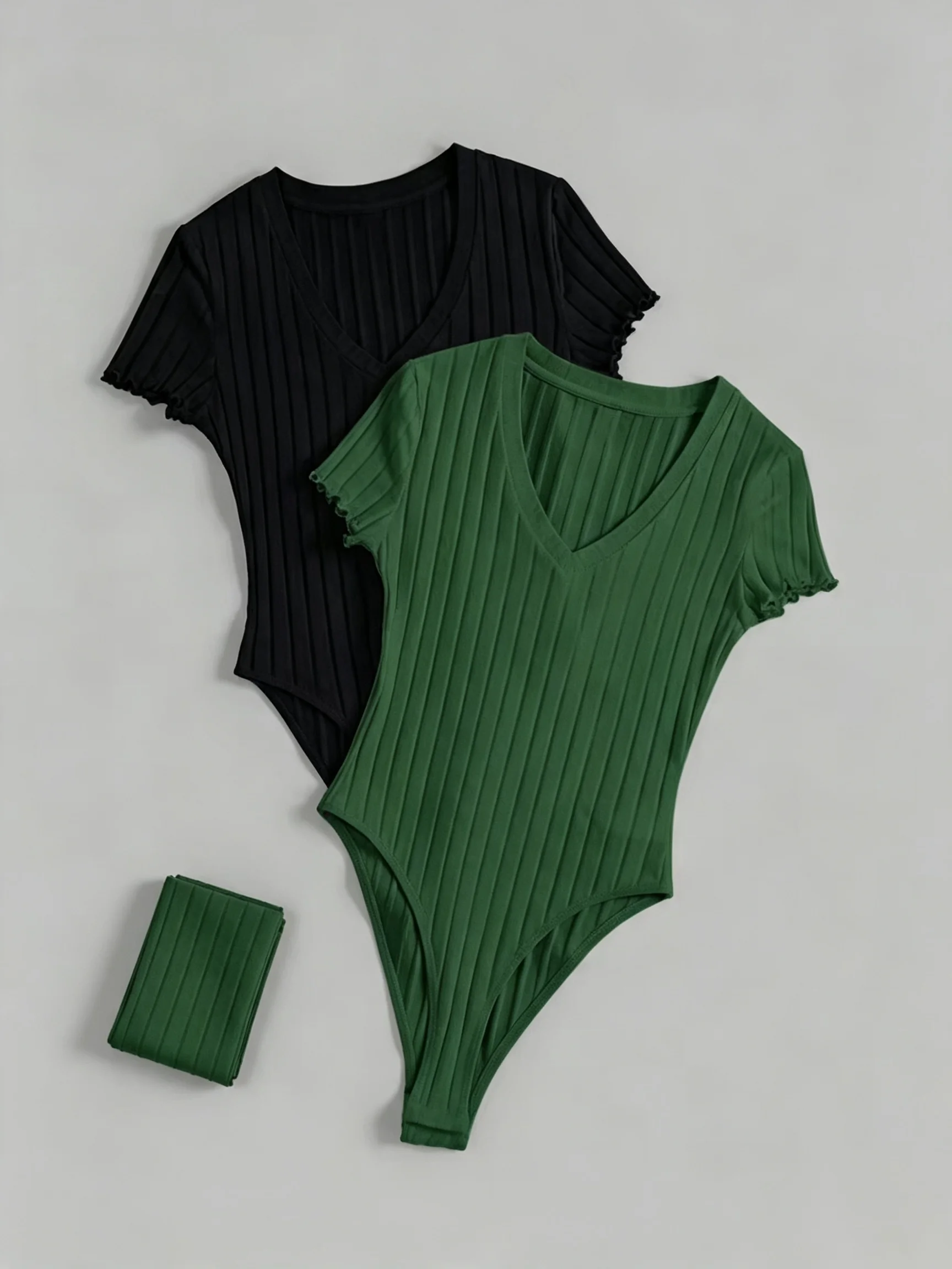 Multi-Occasion 93% Cotton Ribbed Bodysuit 2-Pack - Women's Versatile V-Neck Lettuce Trim Short Sleeve Leotard Set