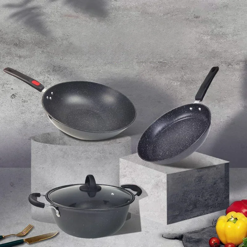 

Cookware 3-piece set ,Soup pot, frying pan, flat bottomed pan,Household Maifan Stone Non-Stick Pot，Flat Soup Pot for Gas Stove