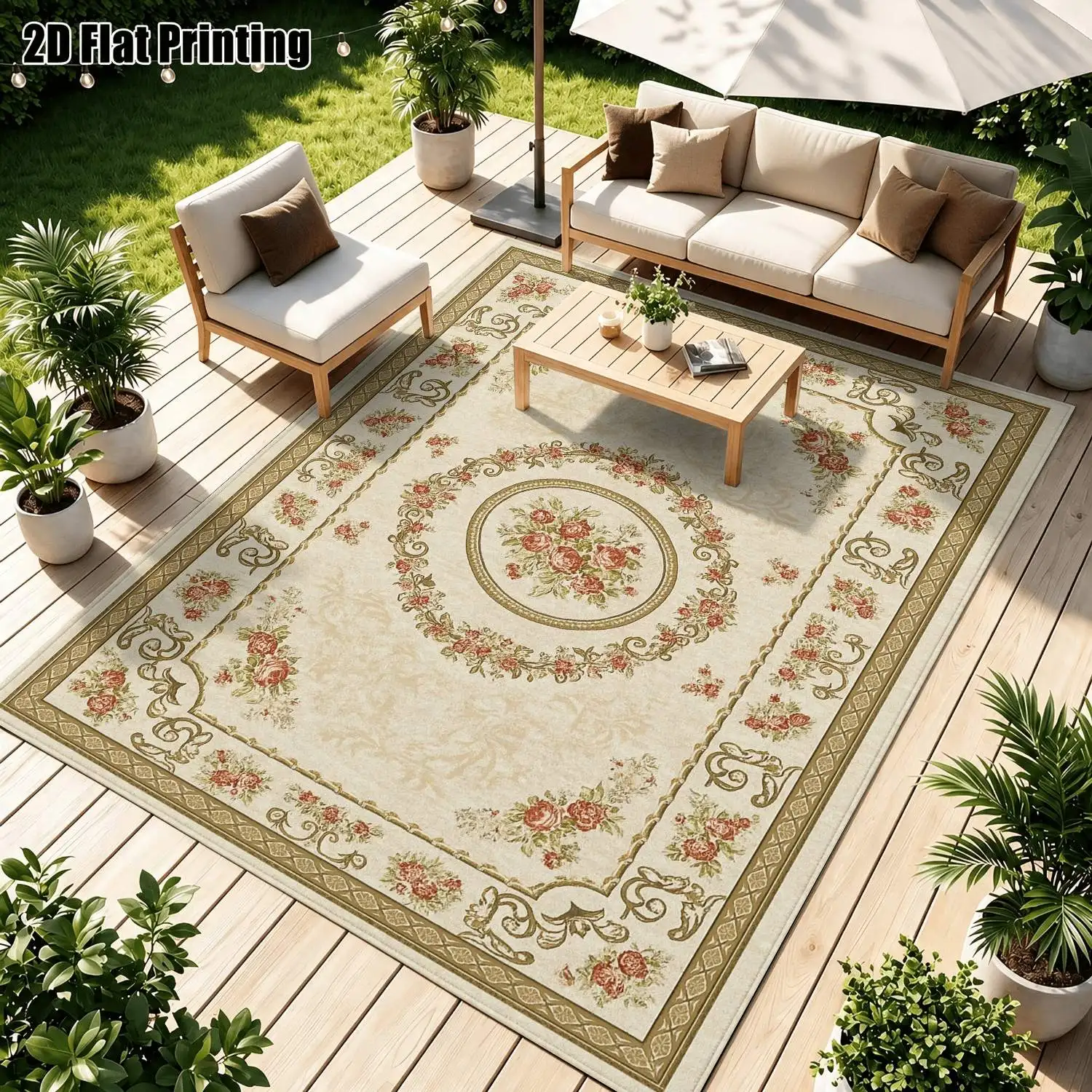 1Pc 2D Printed Beige Base Pink Floral Carpet, European Vintage Style for Home Decor, Multiple Sizes, Machine Washable, Suitable for Entrance, Dining, Foyer, Living Room, Bedroom