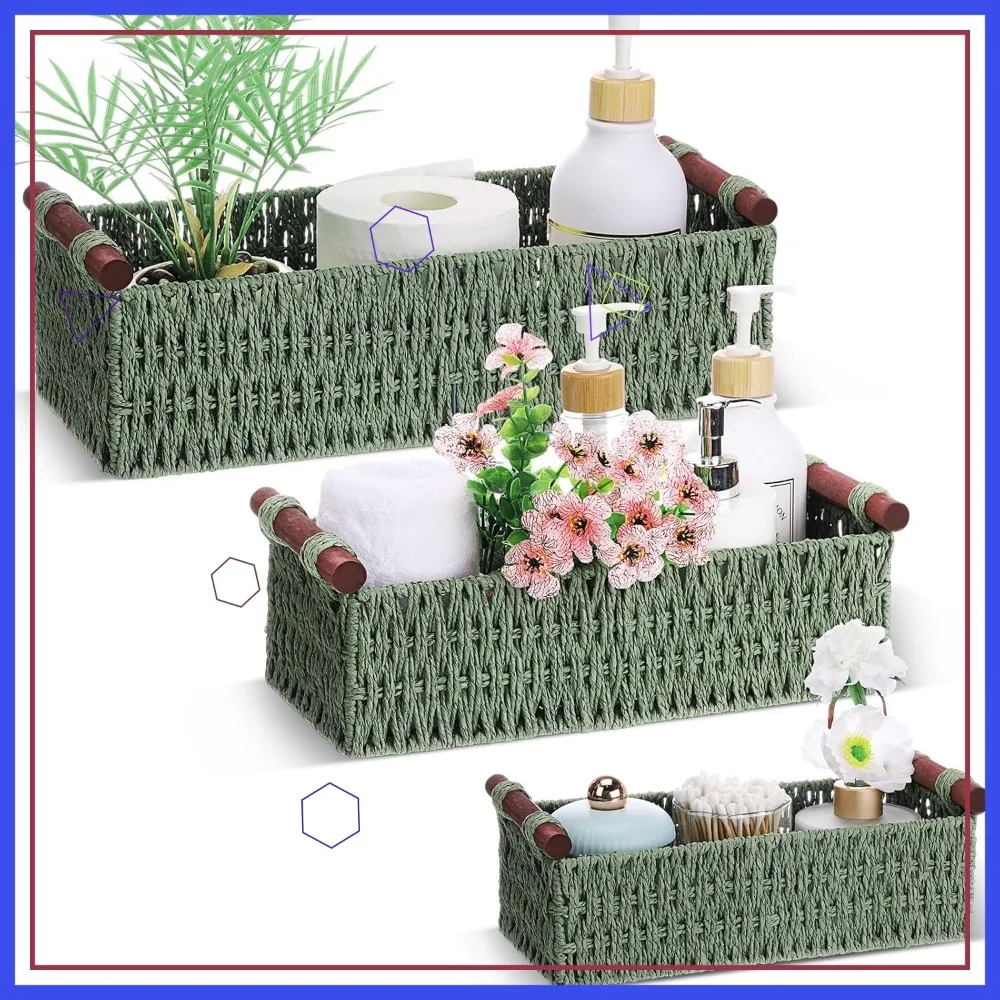 

3-Piece Boho Storage Baskets Handmade Woven Paper Rope Organizers with Handle for Countertop Toilet Paper Container