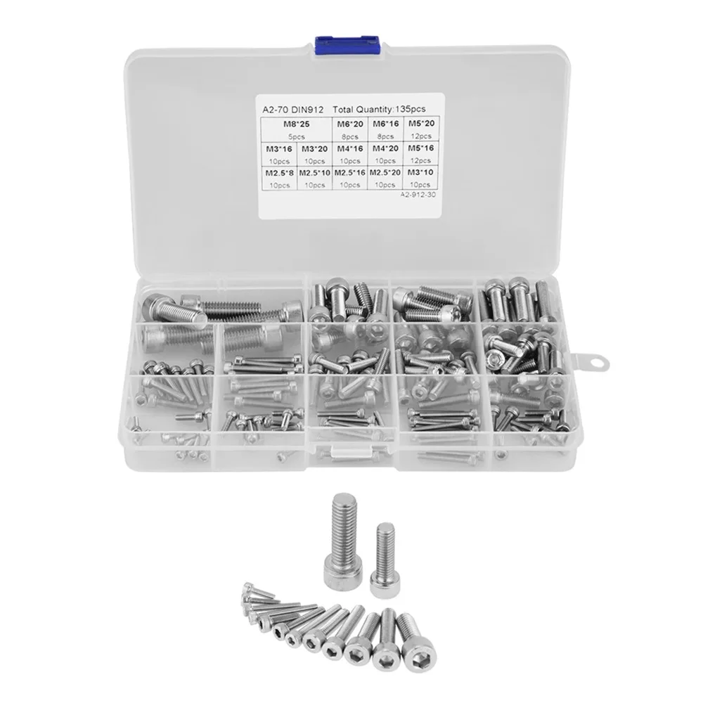 135Pcs M2.5-M8 Hex Head Cap Screw Hexagon Stainless Head Cap Screws Metric Thread Fastener Assortment Set
